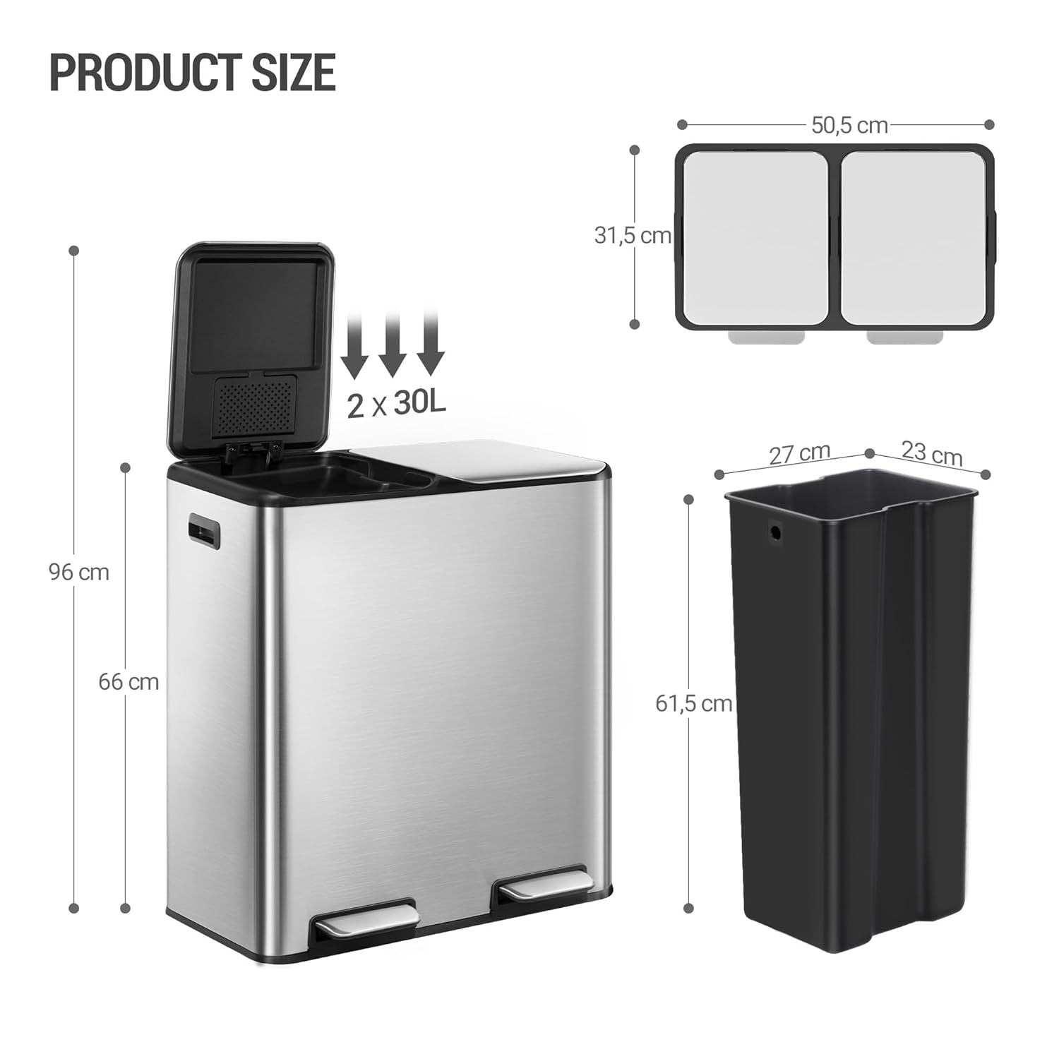 60L Double Kitchen Recycling Bin | 2 x 30L Stainless Steel Pedal Bin
