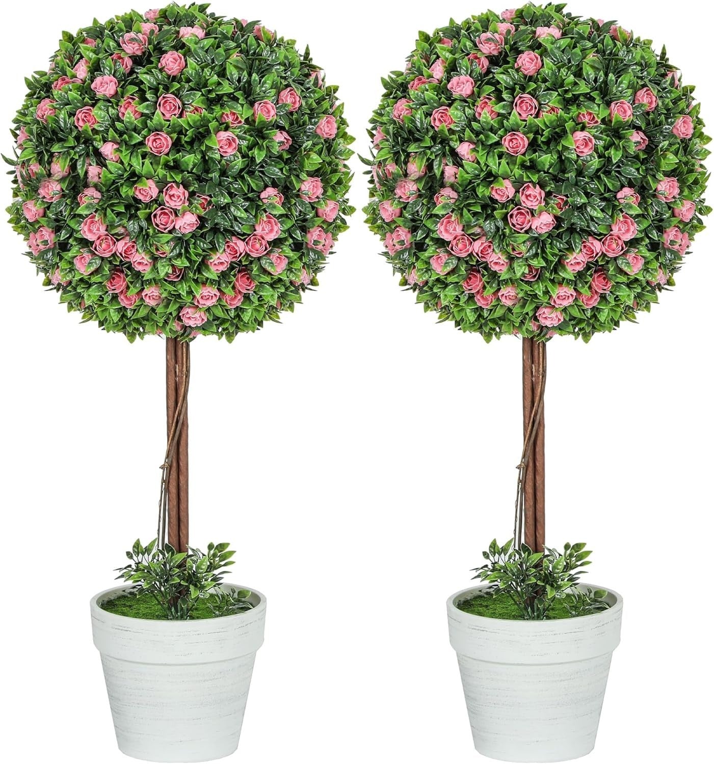 60cm Pink Rose Ball Topiary Trees Set of 2 in White Pot Floral Home Garden Decor