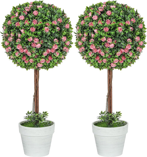 60cm Pink Rose Ball Topiary Trees Set of 2 in White Pot Floral Home Garden Decor
