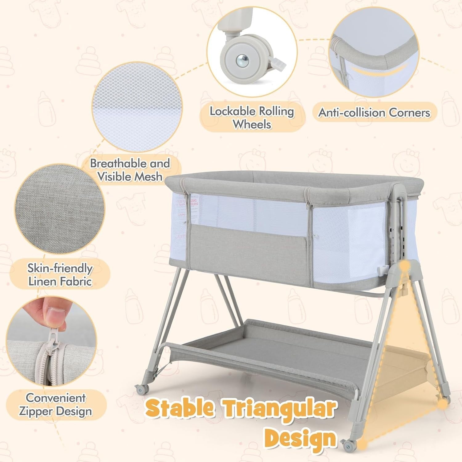 Baby Bedside Crib w/ Mattress 7 Height Adjustable Mesh Sides Storage Shelf Grey