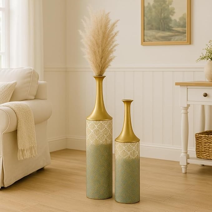 Tall Floor Vases Set of 2 Gold White Metal Modern Home Decor 66/59cm