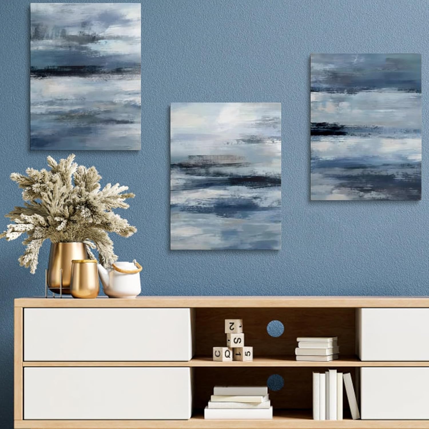 Set of 3 Abstract Canvas Wall Art Blue Grey 40x30cm Framed
