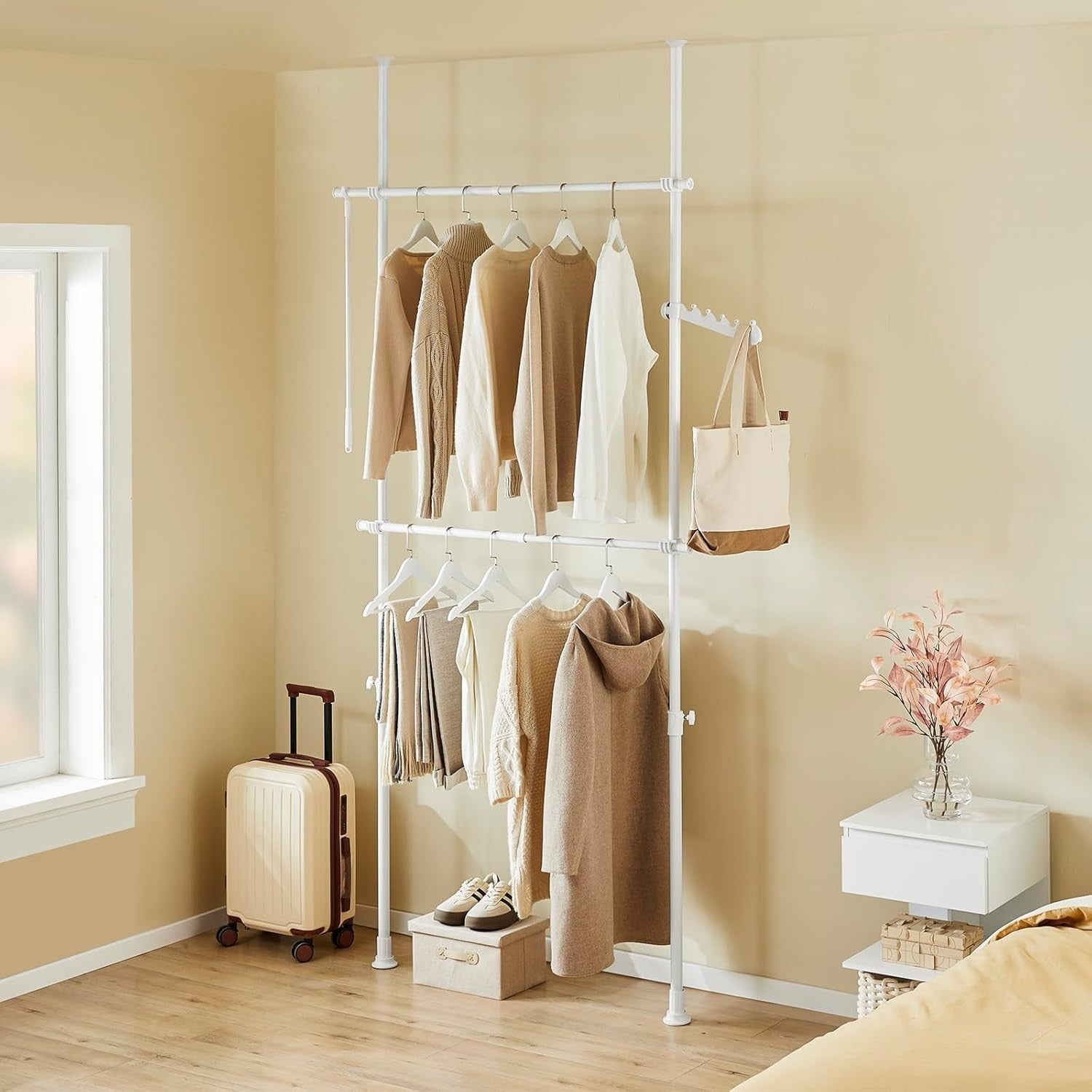 Telescopic Clothes Rail Adjustable Heavy Duty Open Wardrobe White
