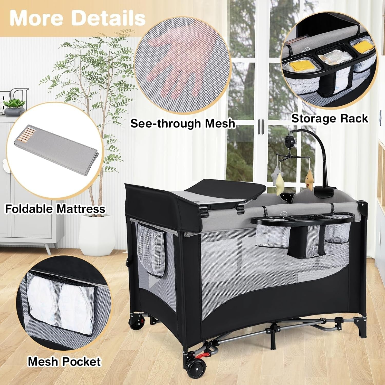 5in1 Travel Cot Baby Bedside Foldable Crib Bassinet Portable Playard Black Grey