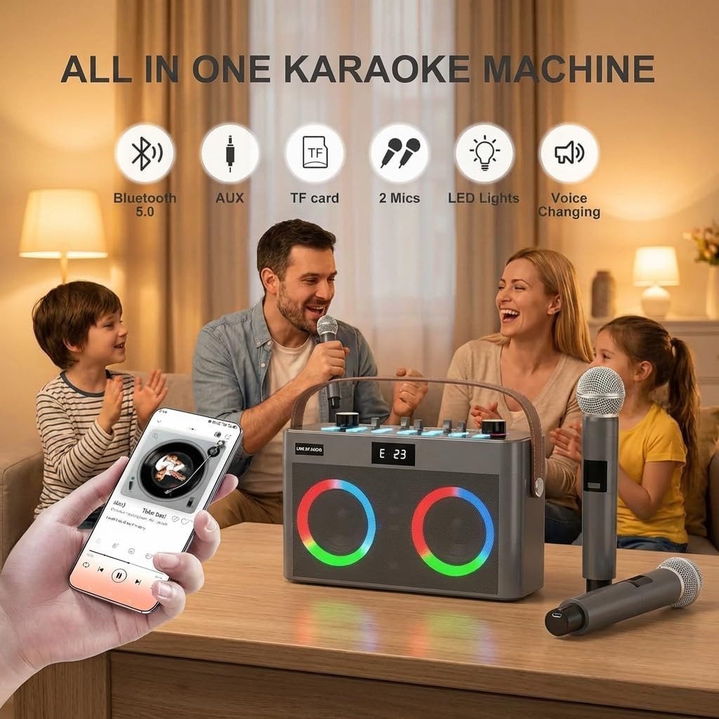 MT-VIKI Portable Bluetooth Karaoke Speaker with 2 Wireless Mics LED