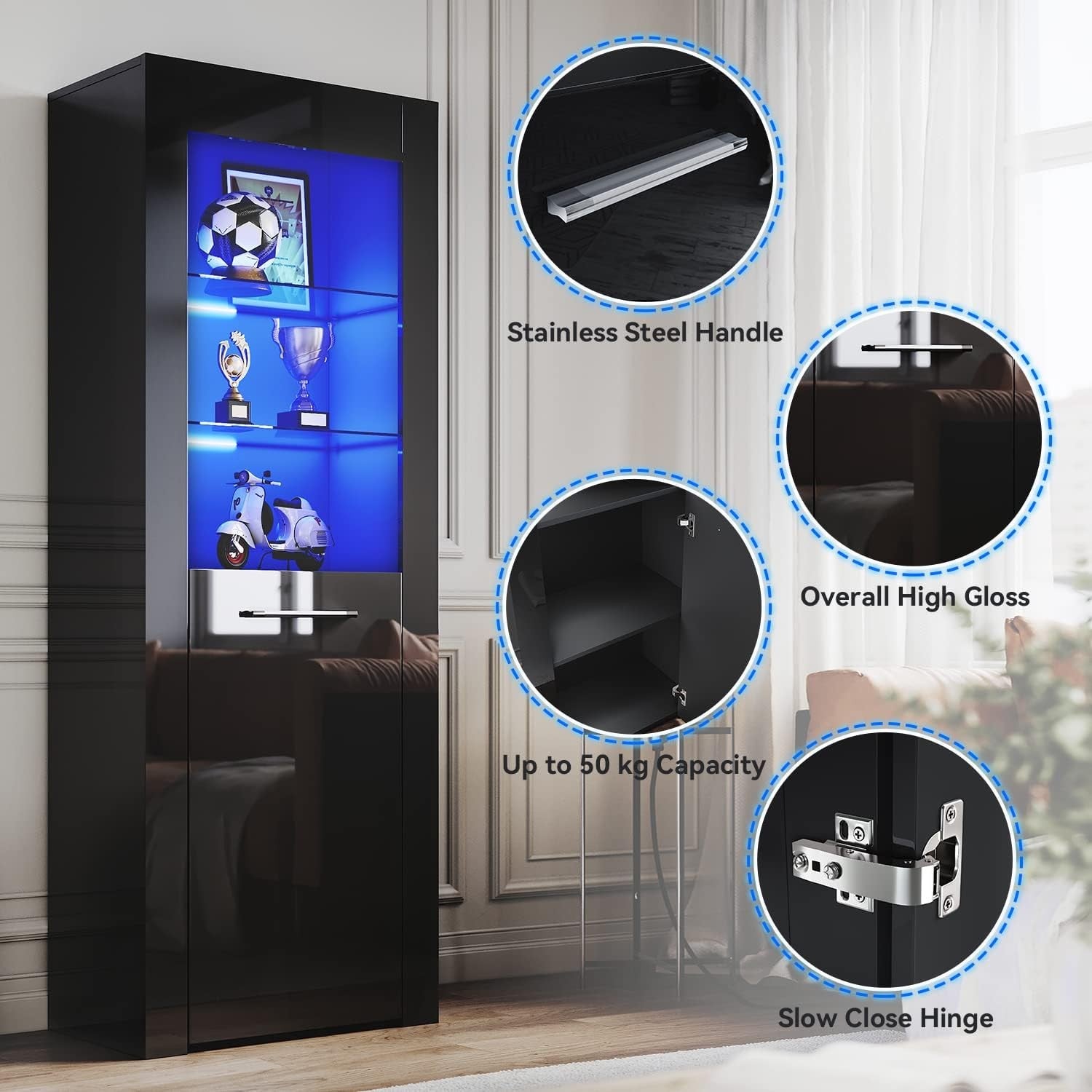 Tall Black Gloss Display Cabinet with LED Lights Modern 5-Tier Storage Unit