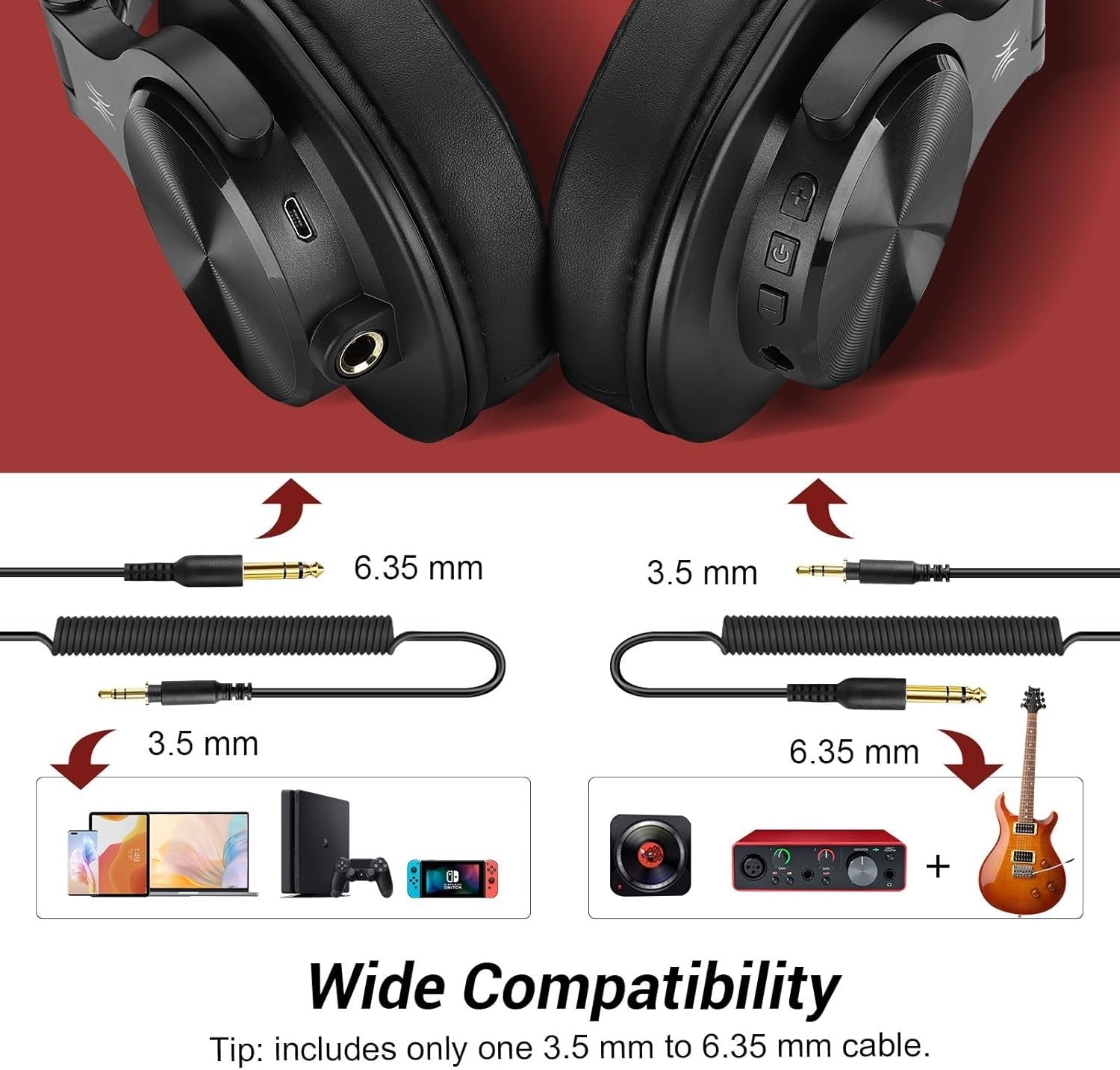 OneOdio Red Bluetooth Headphones 72H HiFi DJ Over Ear Foldable Share Port