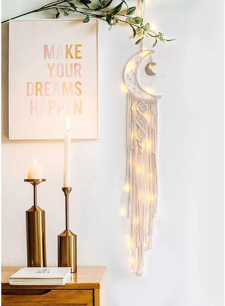 Boho Moon Macrame Wall Hanging 32” Cotton Cord + DIY Lights