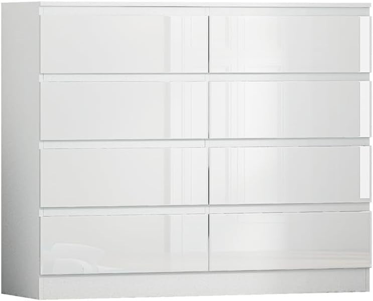 White Gloss 8 Drawer Chest Wide Tall Bedroom Storage Unit Modern 120cm