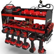Heavy-Duty Wall-Mounted Tool Organizer Rack with Power Strip 6-Slot Red