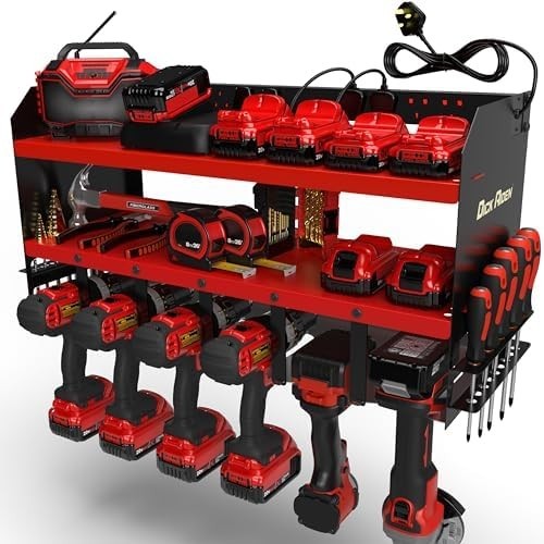 Heavy-Duty Wall-Mounted Tool Organizer Rack with Power Strip 6-Slot Red