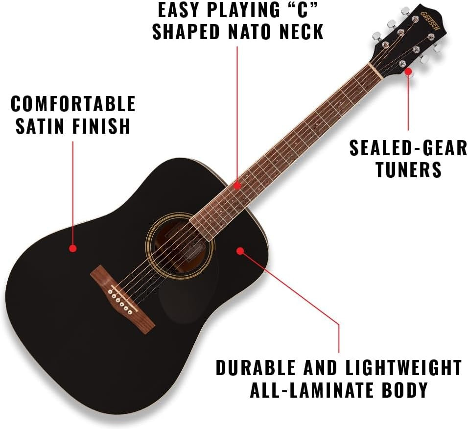 Dreadnought Acoustic Guitar Black Beginner Steel String