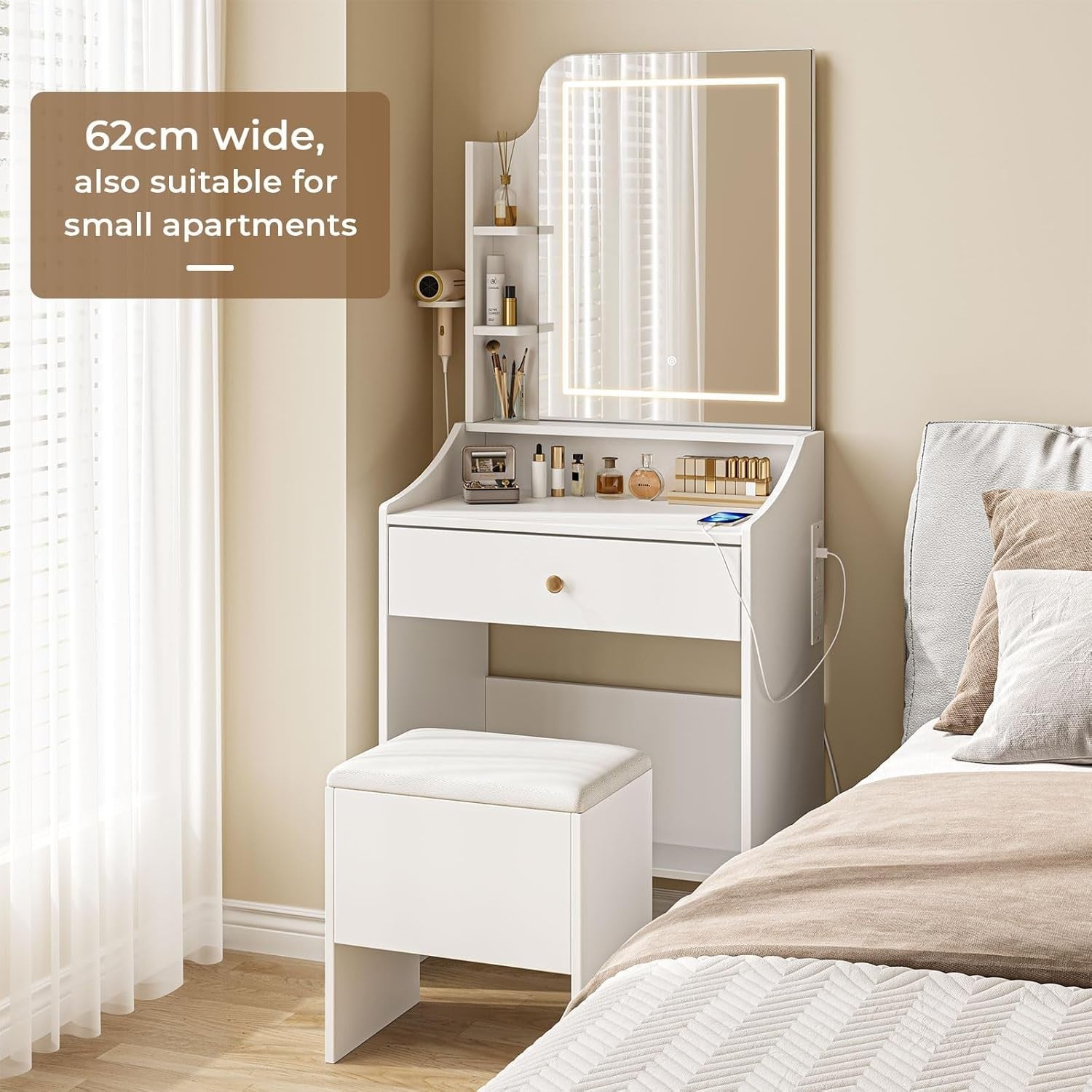 White Vanity Dressing Table LED Mirror 3 Color Lights 5 Drawers Storage & Stool