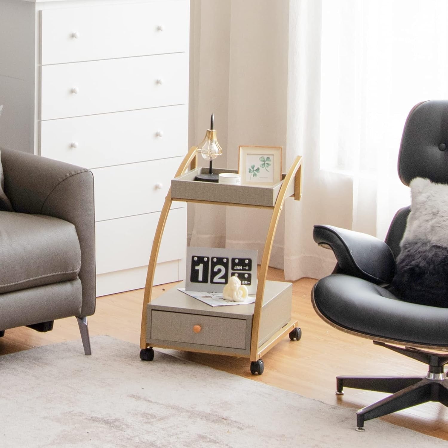 Rolling Sofa Side Table with Tray & Drawer | Mobile Bedside Cart on Wheels Gold