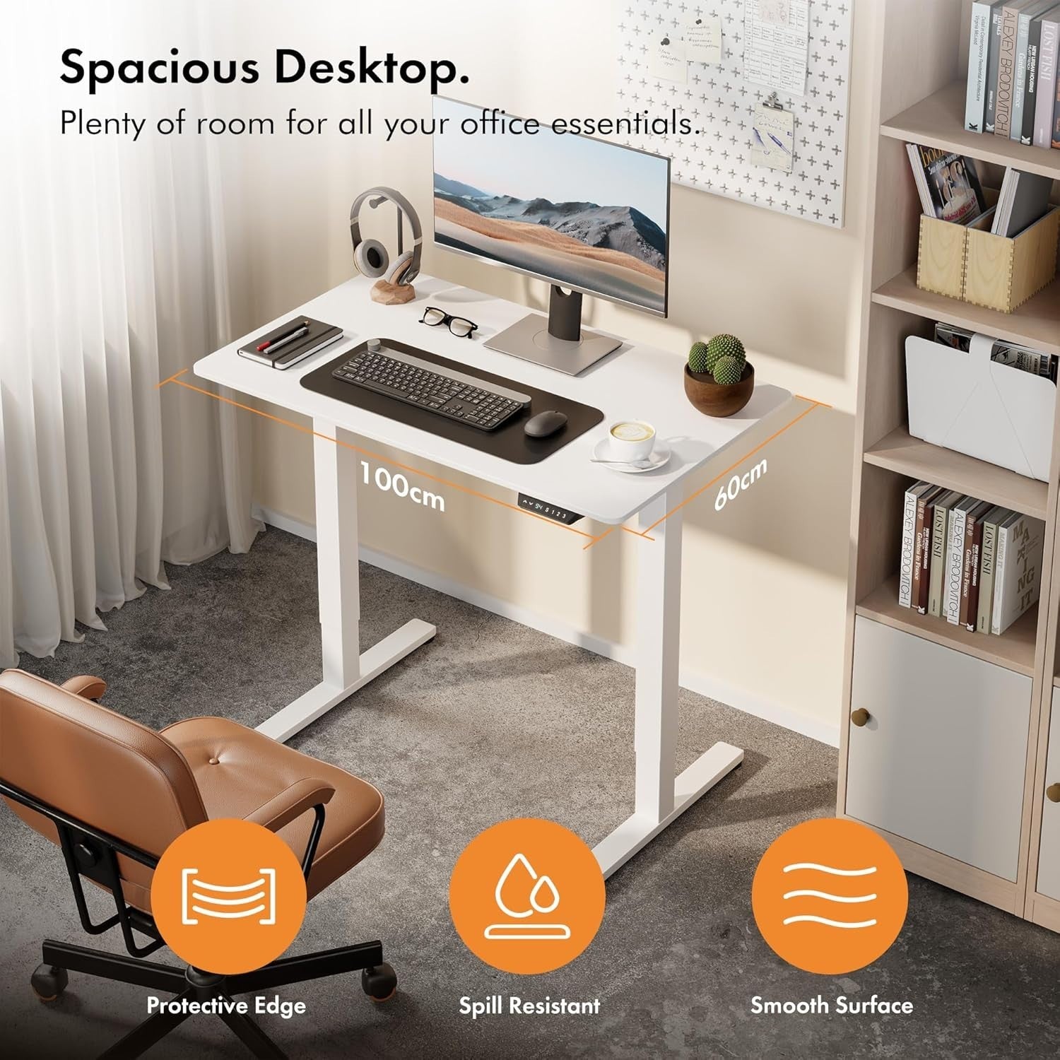 White 100x60cm Electric Standing Desk w/USB-C & Height Memory Control
