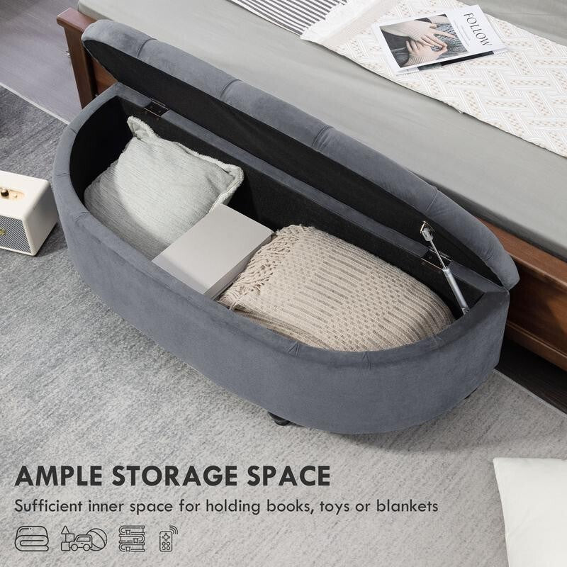 Velvet Storage Ottoman Bench Semi-Circle Bed End Stool Seat Grey Wood Legs
