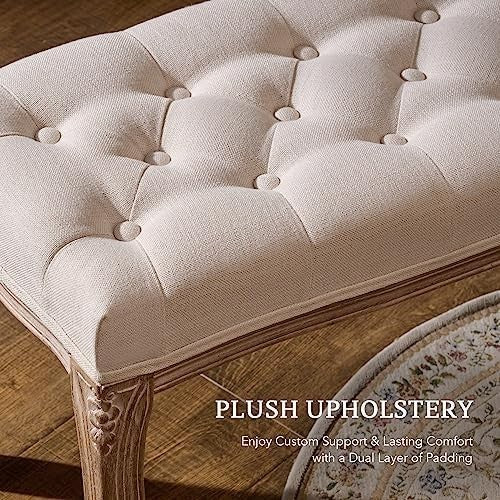 French Vintage Upholstered Ottoman Bench 112cm Padded Seat Footstool Beige
