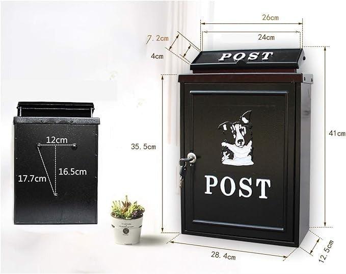 Wall Mounted Lockable Mailbox Black Steel Weatherproof Secure Post Box Outdoor