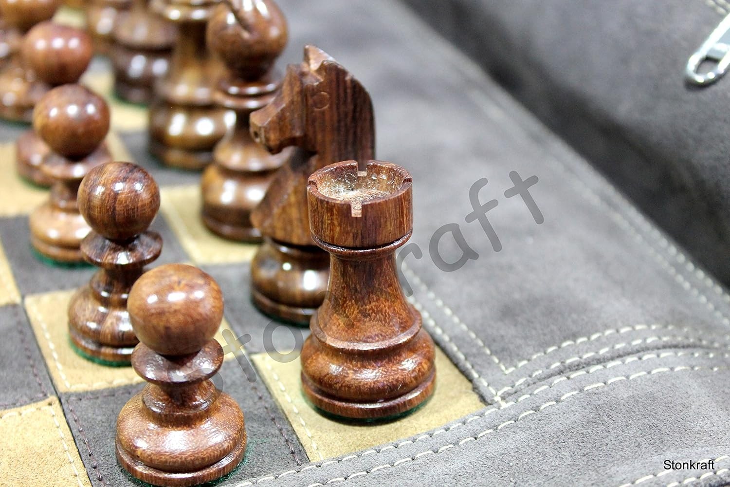 Roll-Up Leather Chess Set 19" x 15" | 12" Board | Wooden Staunton Pieces + Carry