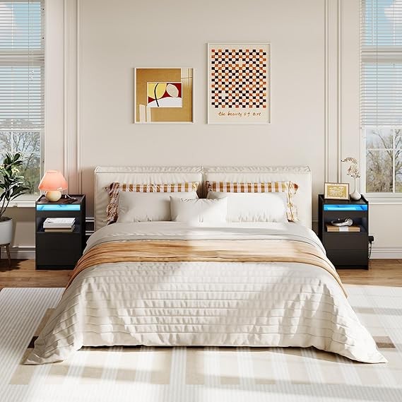 Modern LED Bedside Table with Charging Station, 3 Drawer Nightstand Black