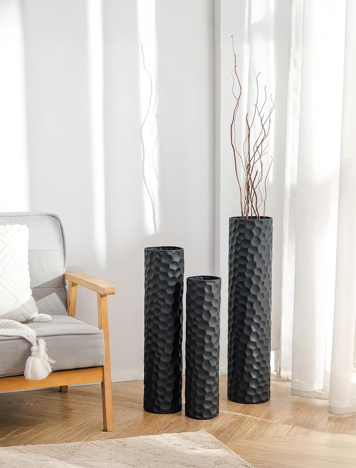 Large Black Metal Floor Vase Set Tall Modern Honeycomb Home Decor 3pcs