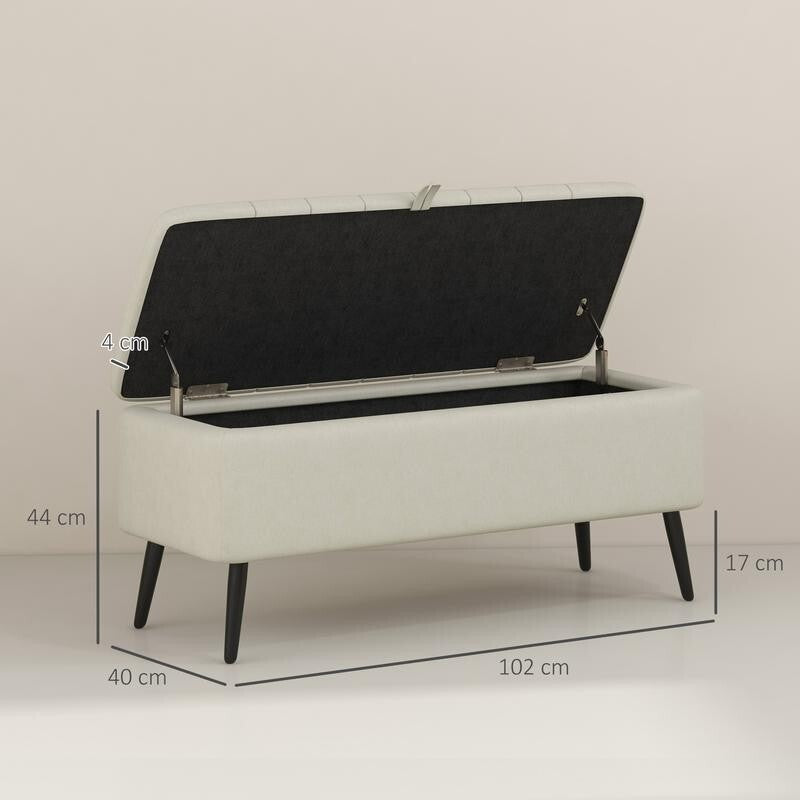 Storage Ottoman Bench Cream Linen Seat Flip Top Stool Steel Legs Bedroom
