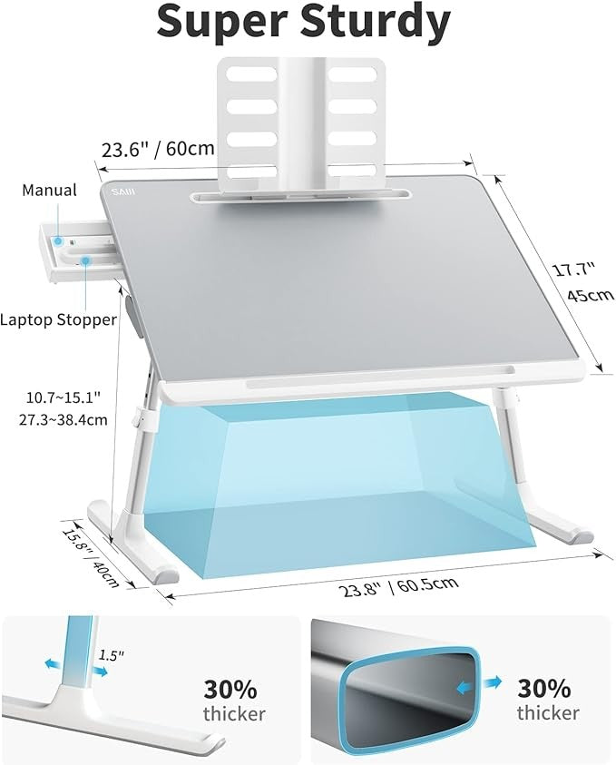 Adjustable Laptop Bed Tray Desk 60x45cm with Drawer Book Stand Grey