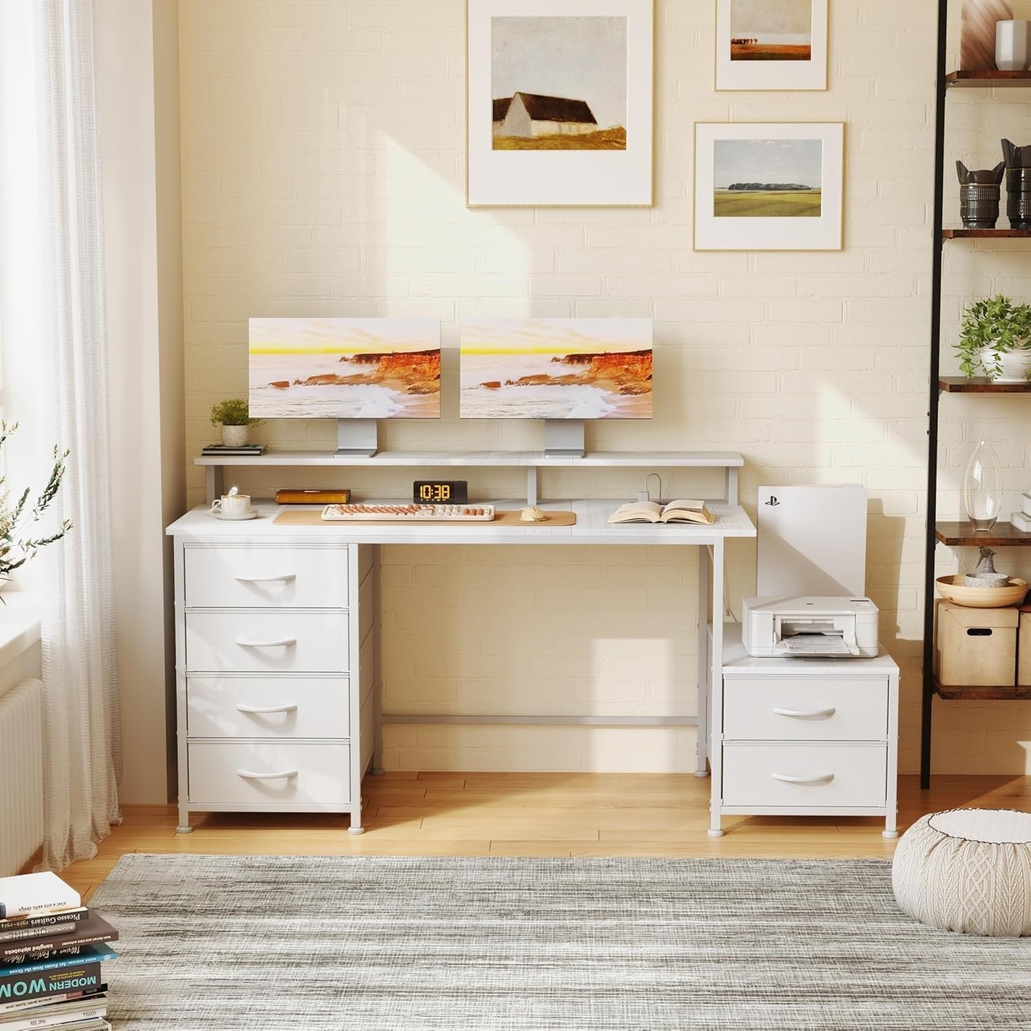 White 128cm Computer Desk with 6 Drawers, Power Outlets & Monitor Stand