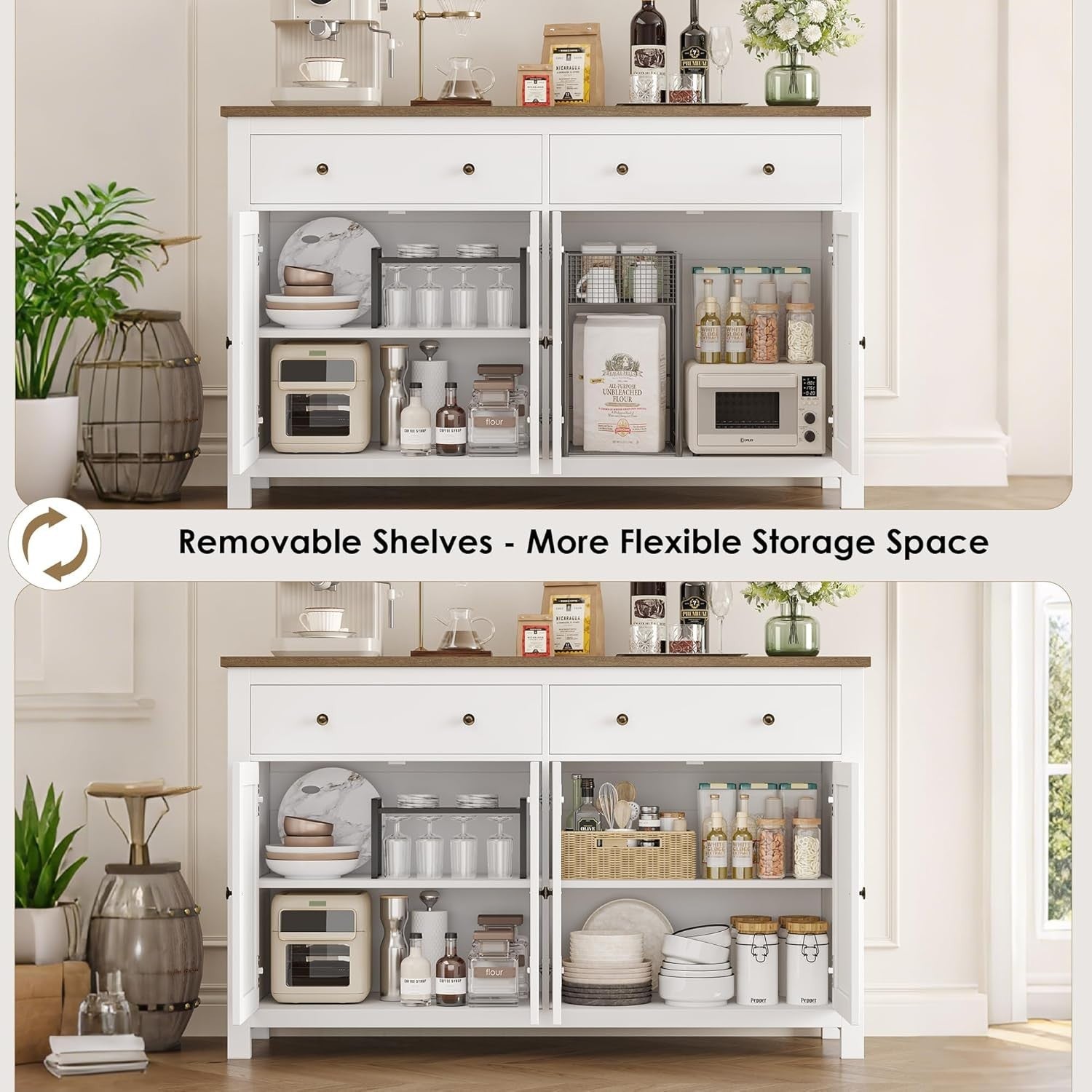 White Kitchen Sideboard Cabinet 3 Doors 2 Drawers Adjustable Shelves Large