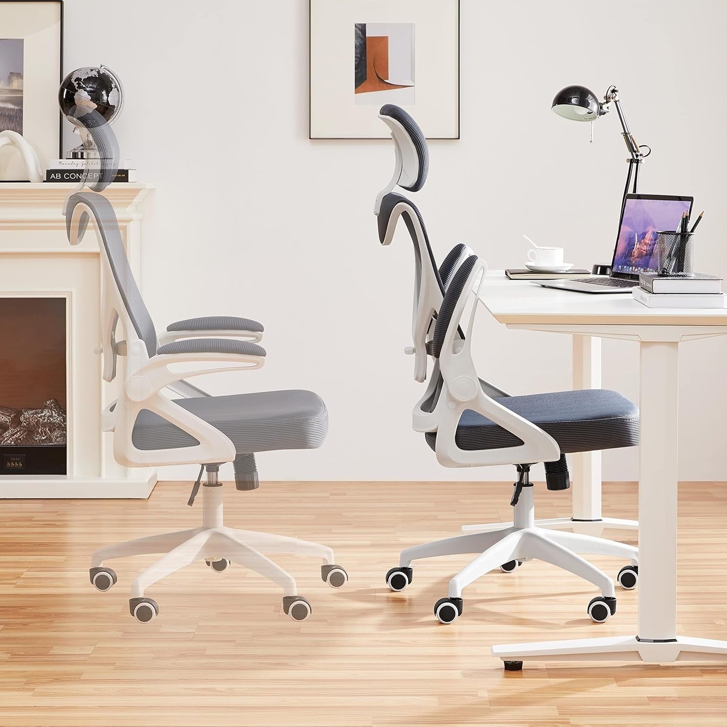 Ergonomic Mesh Office Desk Chair Adjustable Height Lumbar Flip-up Arms White/Gre