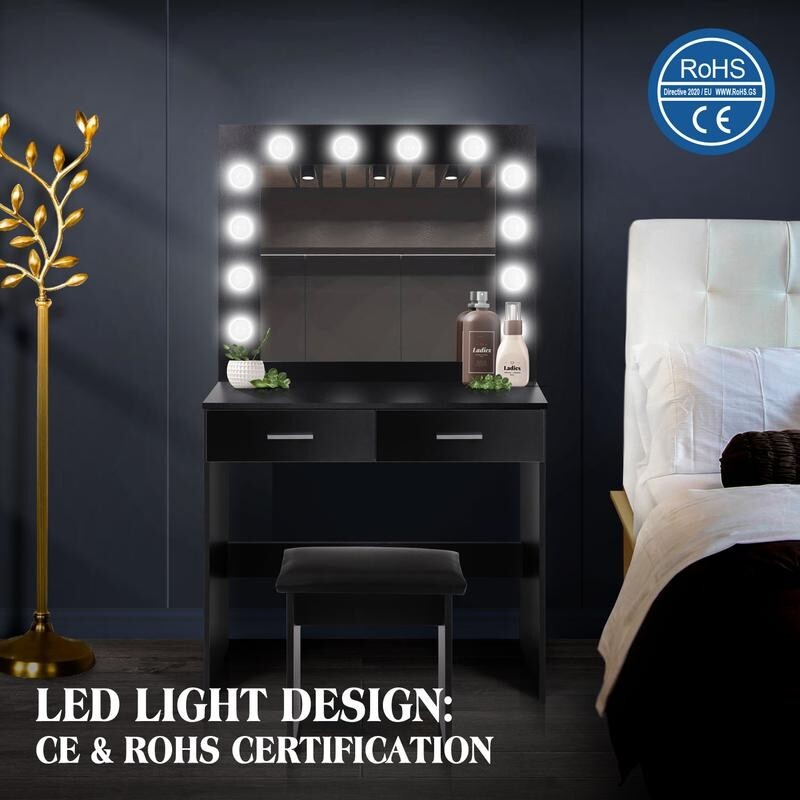 Hollywood LED Vanity Dressing Table Set w/ Mirror, Drawers & Stool Black