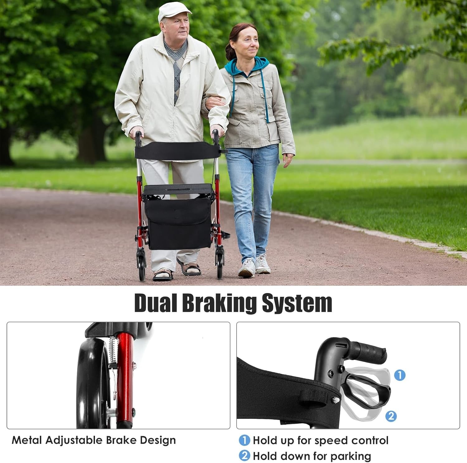 Lightweight Rollator Walker Seat 4 Wheel Folding Adjustable Mobility Aid