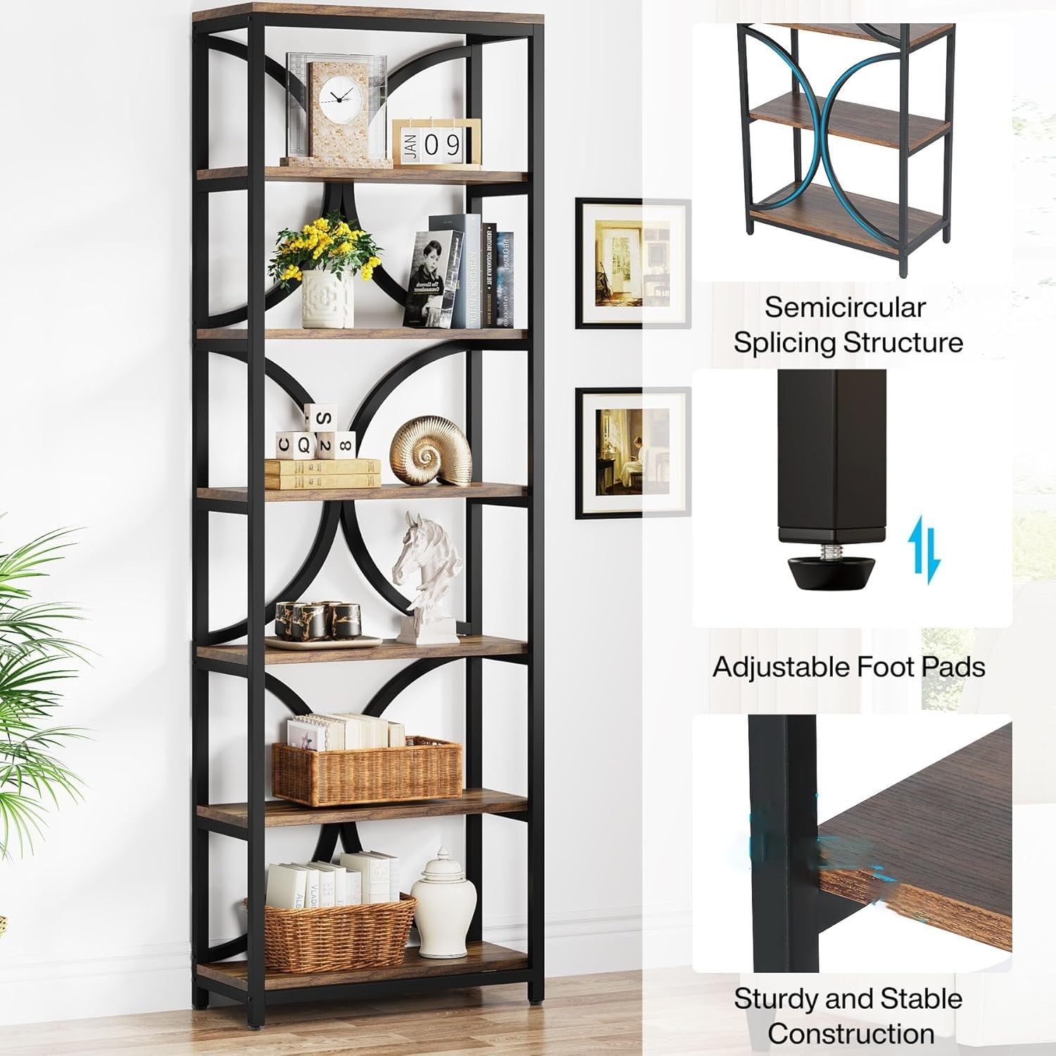 Tall Industrial 6-Tier Bookcase with Metal Frame, Narrow Storage Shelf 200cm