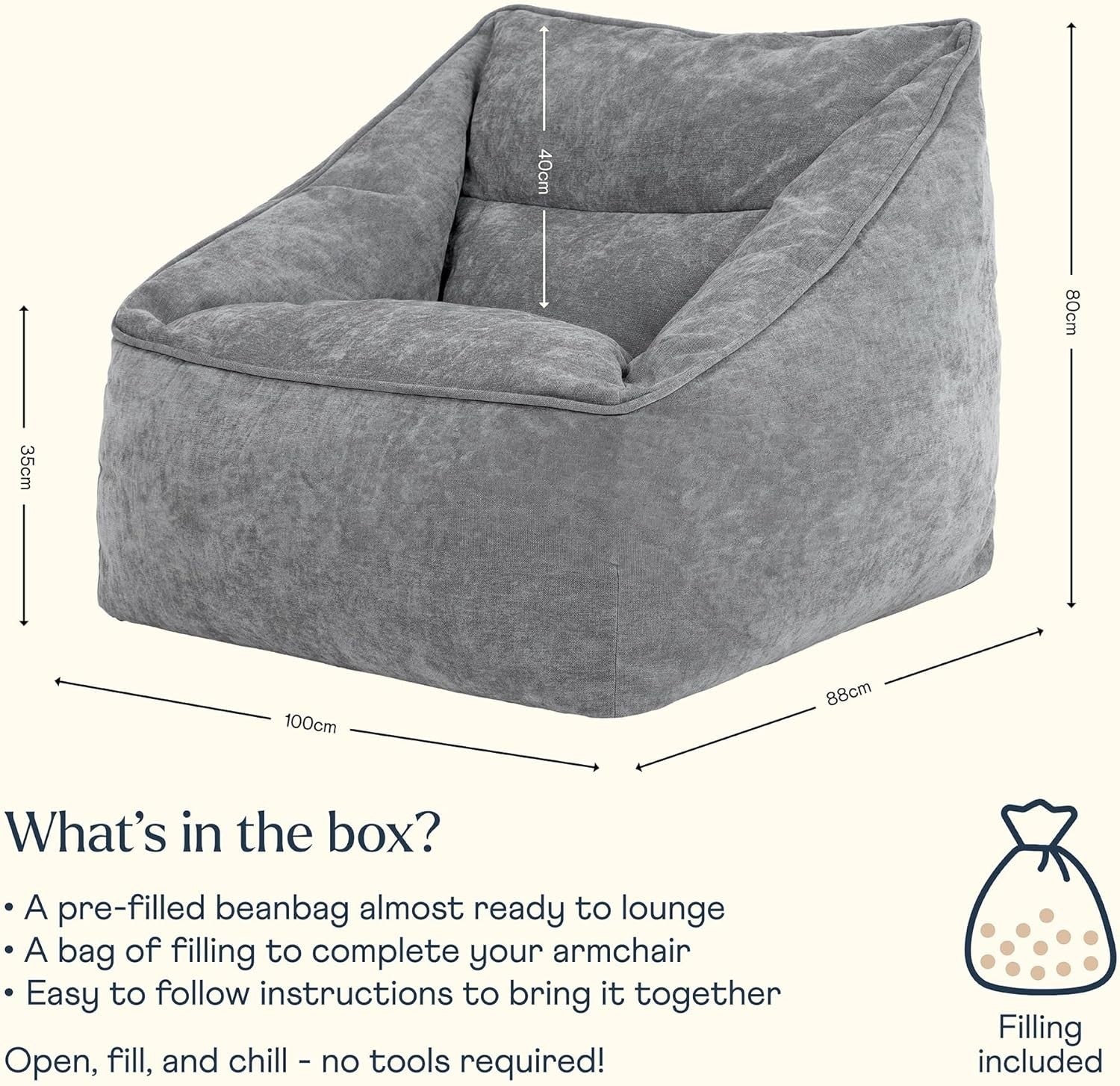 Grey Chenille Bean Bag Armchair Comfy Lounge Chair Sofa for Adults Home