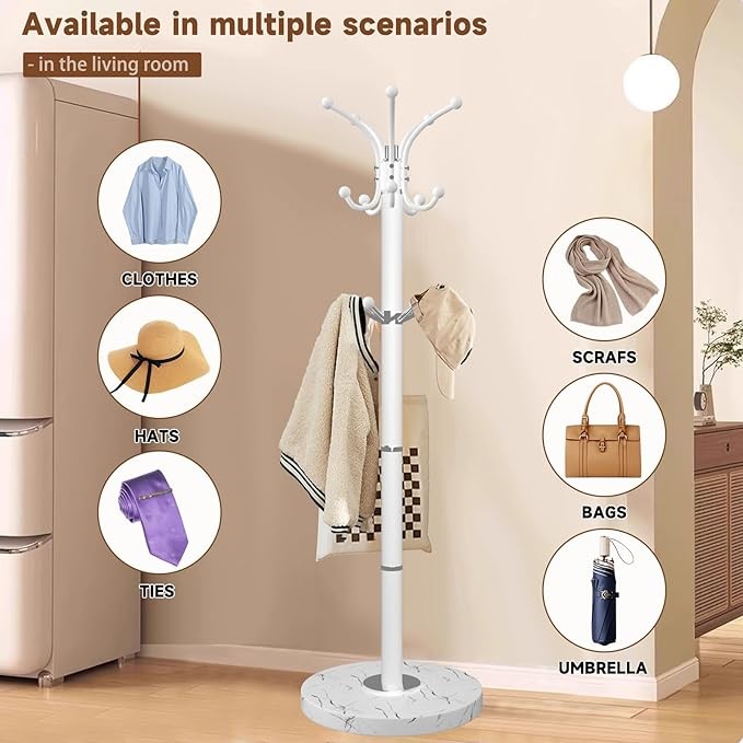 White Metal Coat Rack with Marble Base 360° Rotating Hooks Freestanding Stand