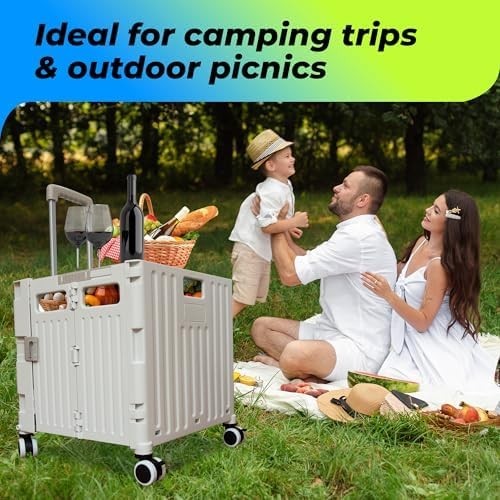 40KG Foldable Utility Trolley 65L Cart Lid Cup Holder 4 Wheels Grey