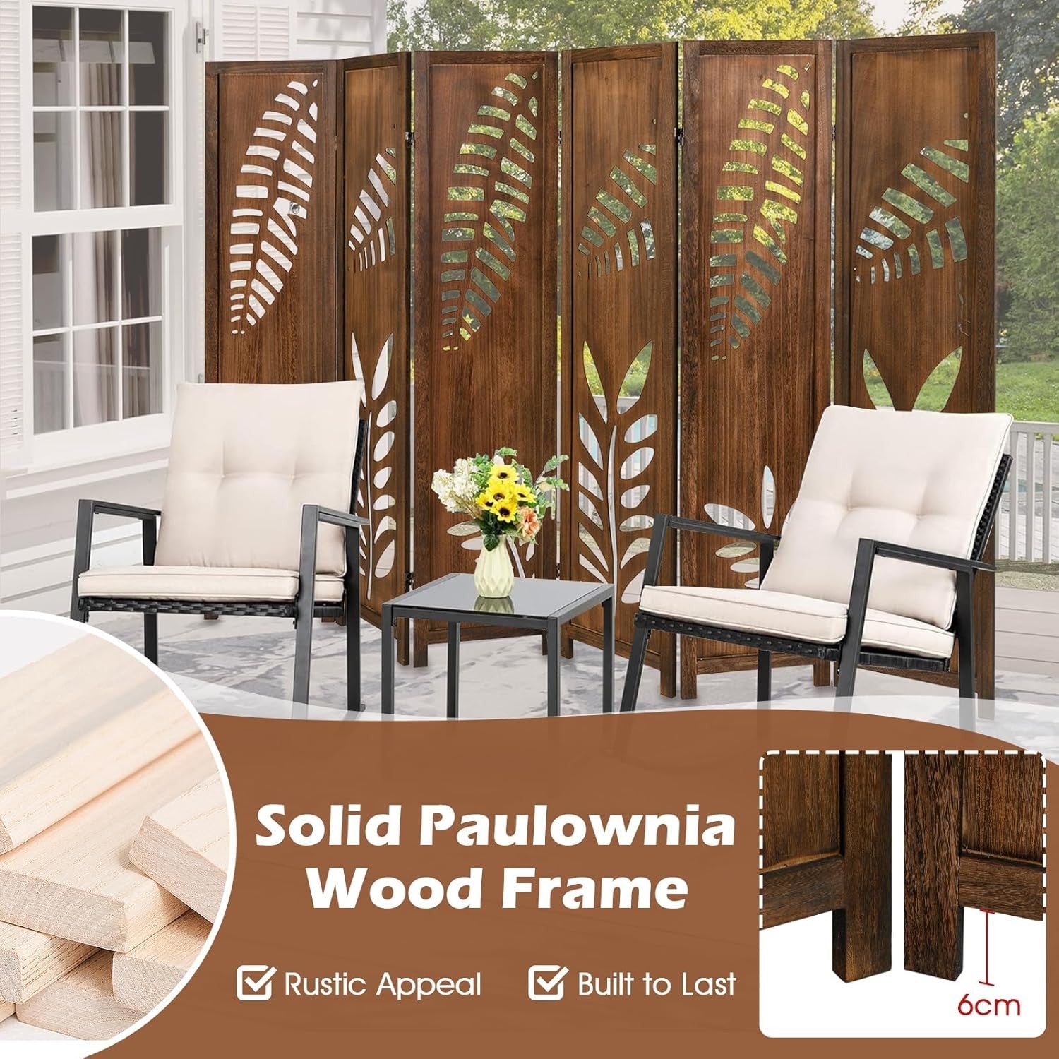 6 Panel Brown Carved Wood Room Divider Leaf Design Folding Privacy Screen
