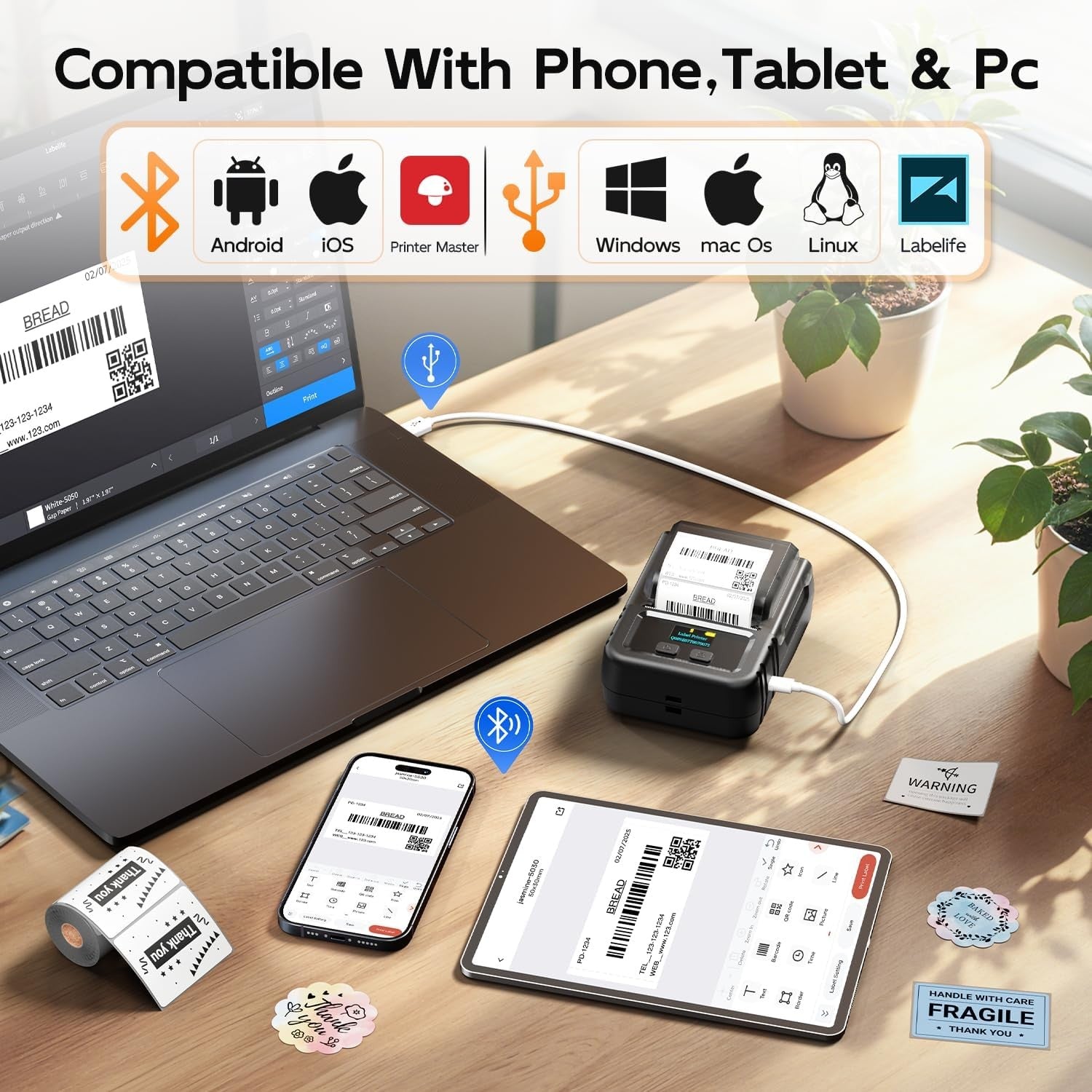 2 Inch Bluetooth Thermal Label Printer Portable Black