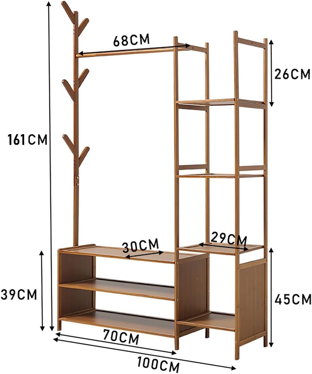 Bamboo Clothes Rail with 6 Shelves & Hooks, 100cm Wardrobe