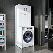 White Washing Machine Cabinet with Cupboards & Built-In Laundry Basket 180cm