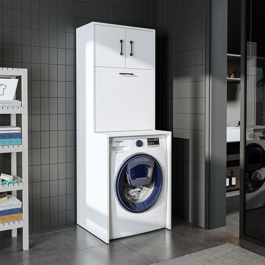 White Washing Machine Cabinet with Cupboards & Built-In Laundry Basket 180cm