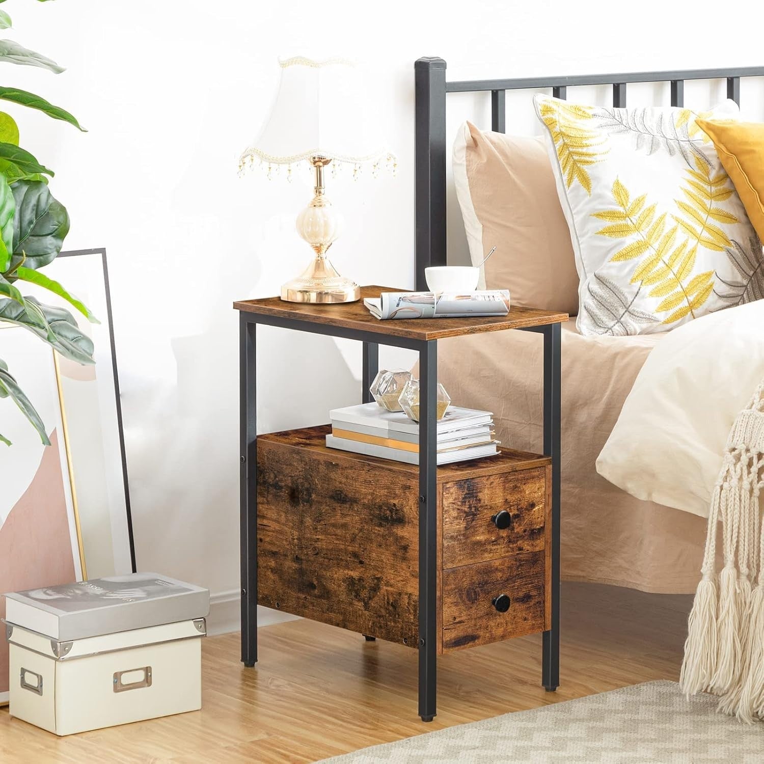 Slim Industrial Side Table with 2 Drawers & Open Shelf, Rustic Brown 30x48x61.5c