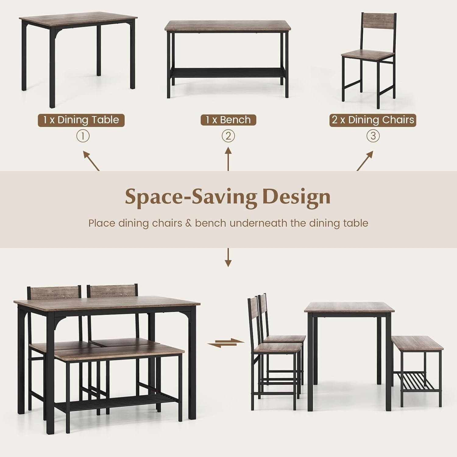 Industrial 4-Piece Dining Set with Bench & Storage Rack – Compact & Stylish