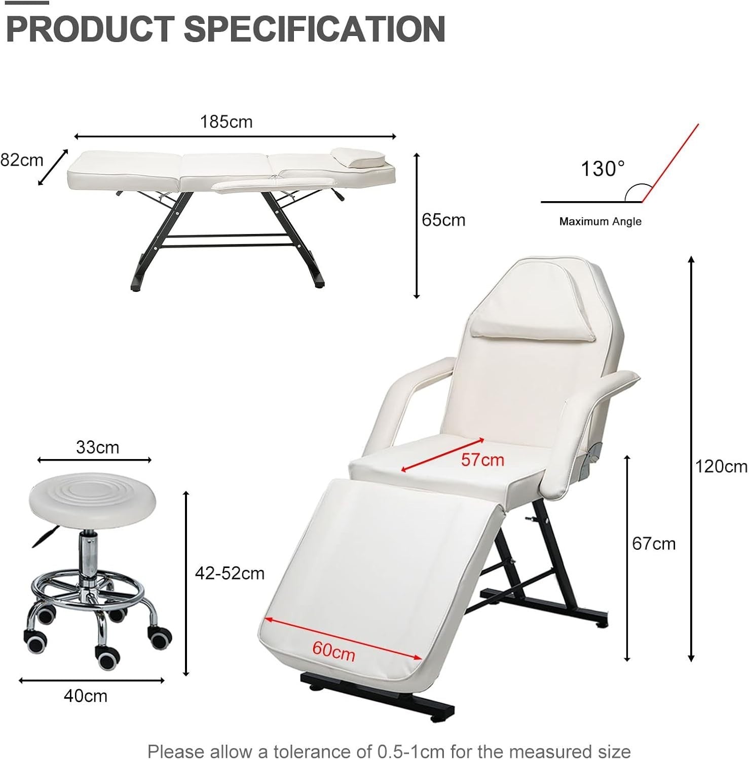 Adjustable 3-Section Massage Table with Stool Salon Lash Tattoo Bed White 184cm