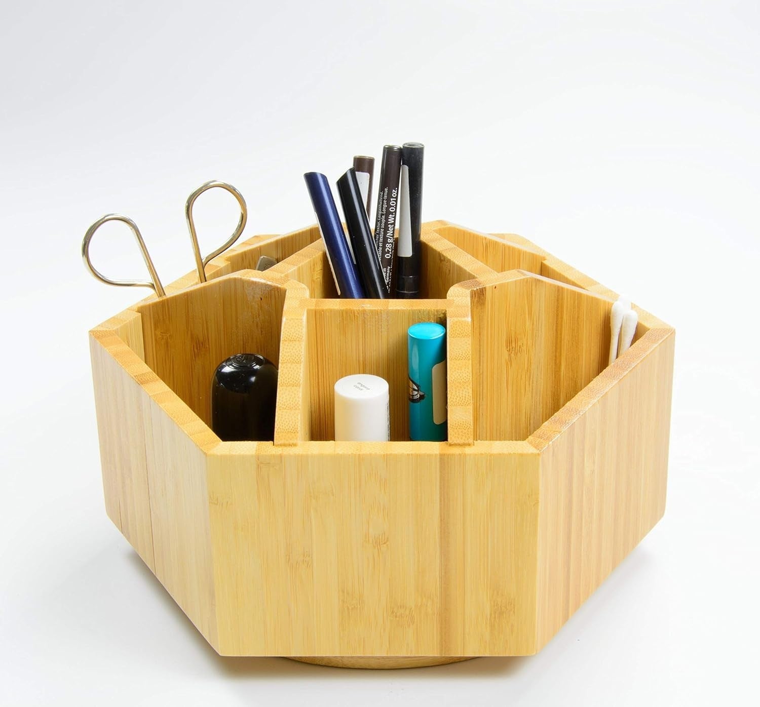 Rotating Bamboo Desk Organiser – 7 Compartment Cosmetic & Pen Holder