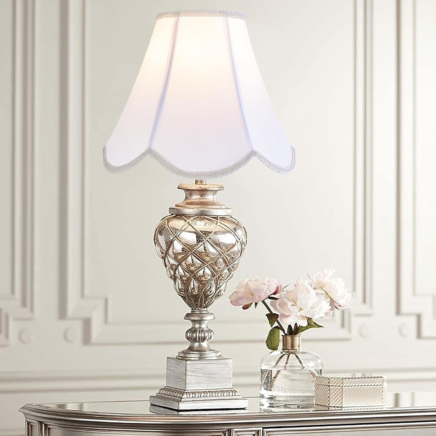 White Scalloped Bell Lamp Shade Medium Spider Fit Faux Silk Table Floor