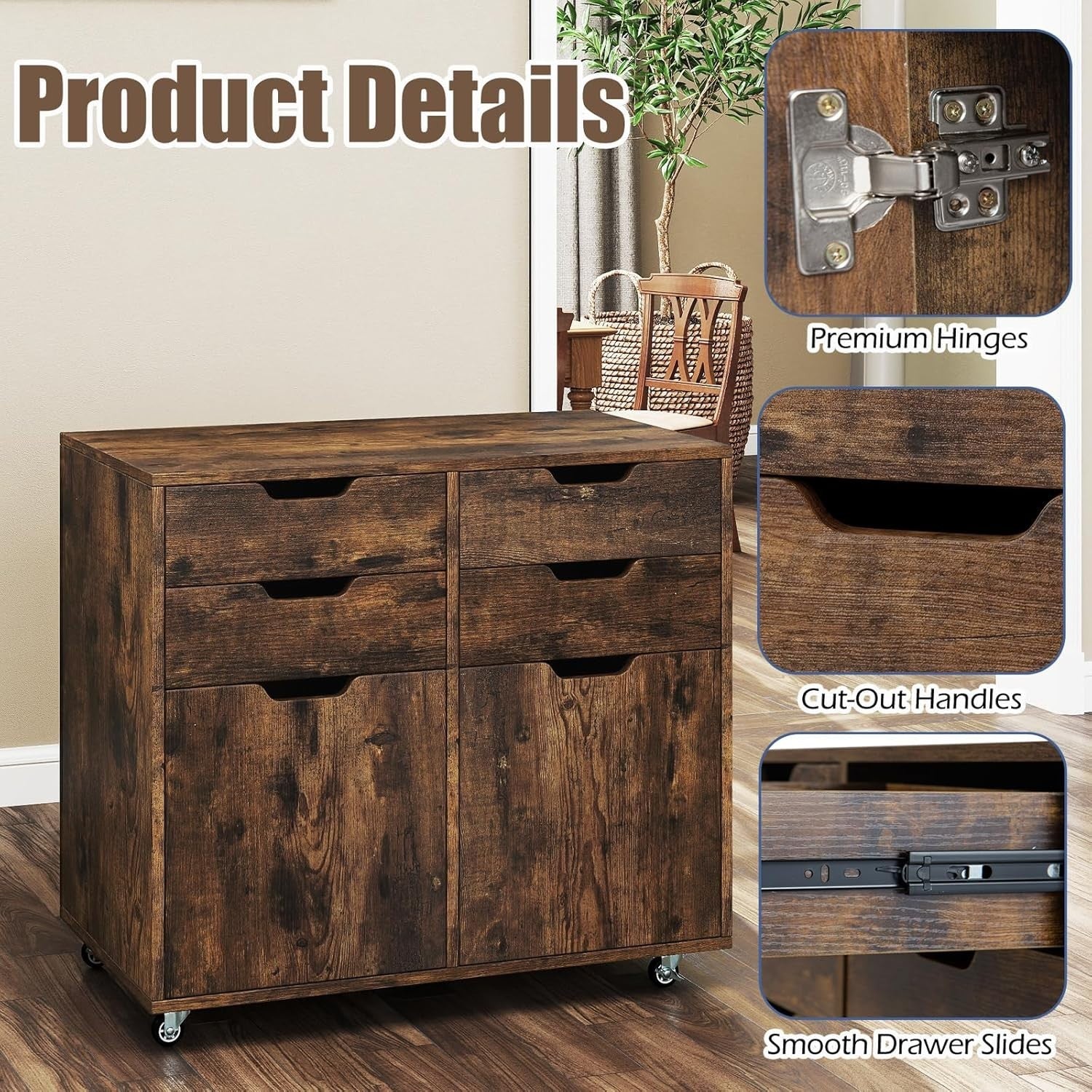 Rustic Mobile File Cabinet 4 Drawer 2 Door Rolling Printer Stand