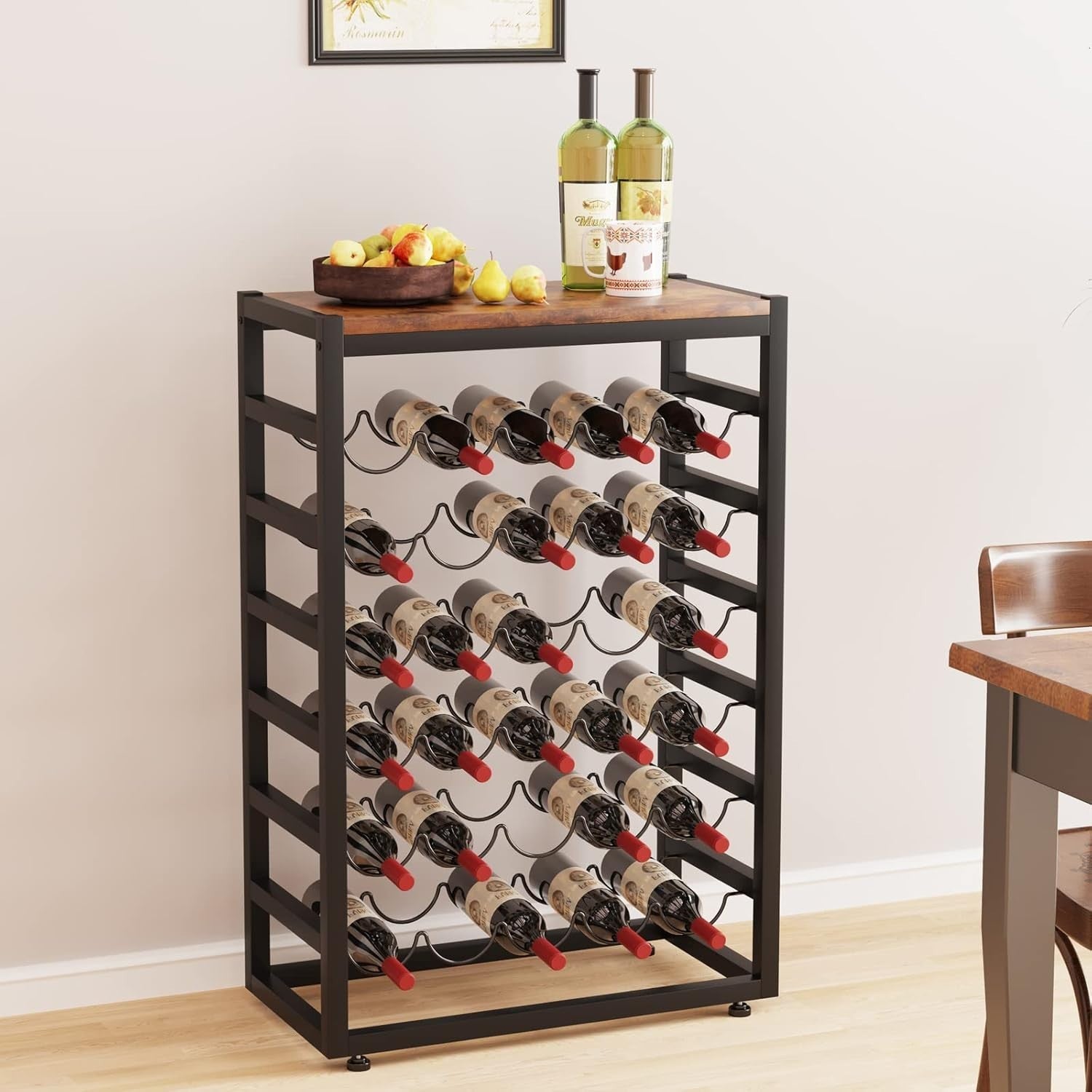 30 Bottle Wine Rack Floor Stand with Wooden Top, 6-Tier Metal Storage