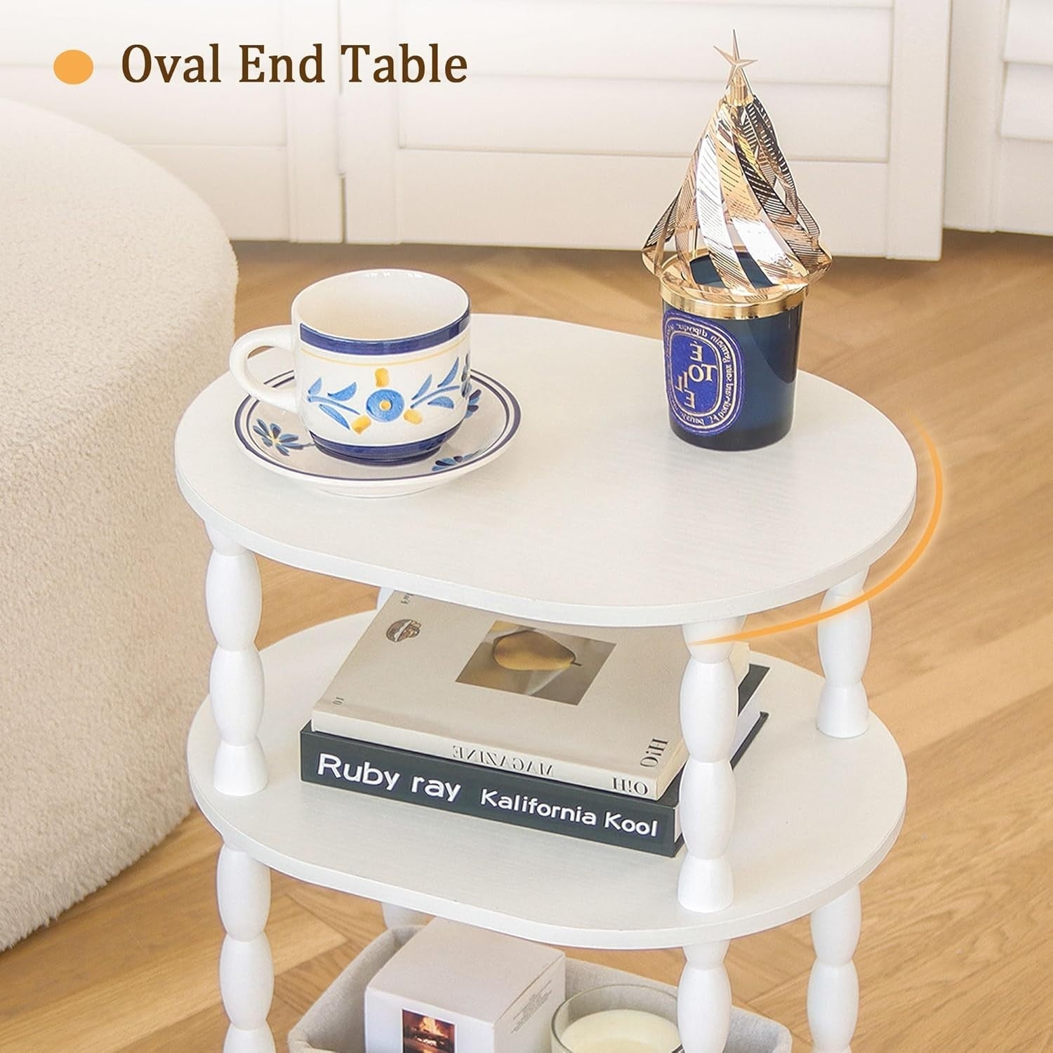 3-Tier Oval Side Table White, Compact Modern End Table with Storage Shelves