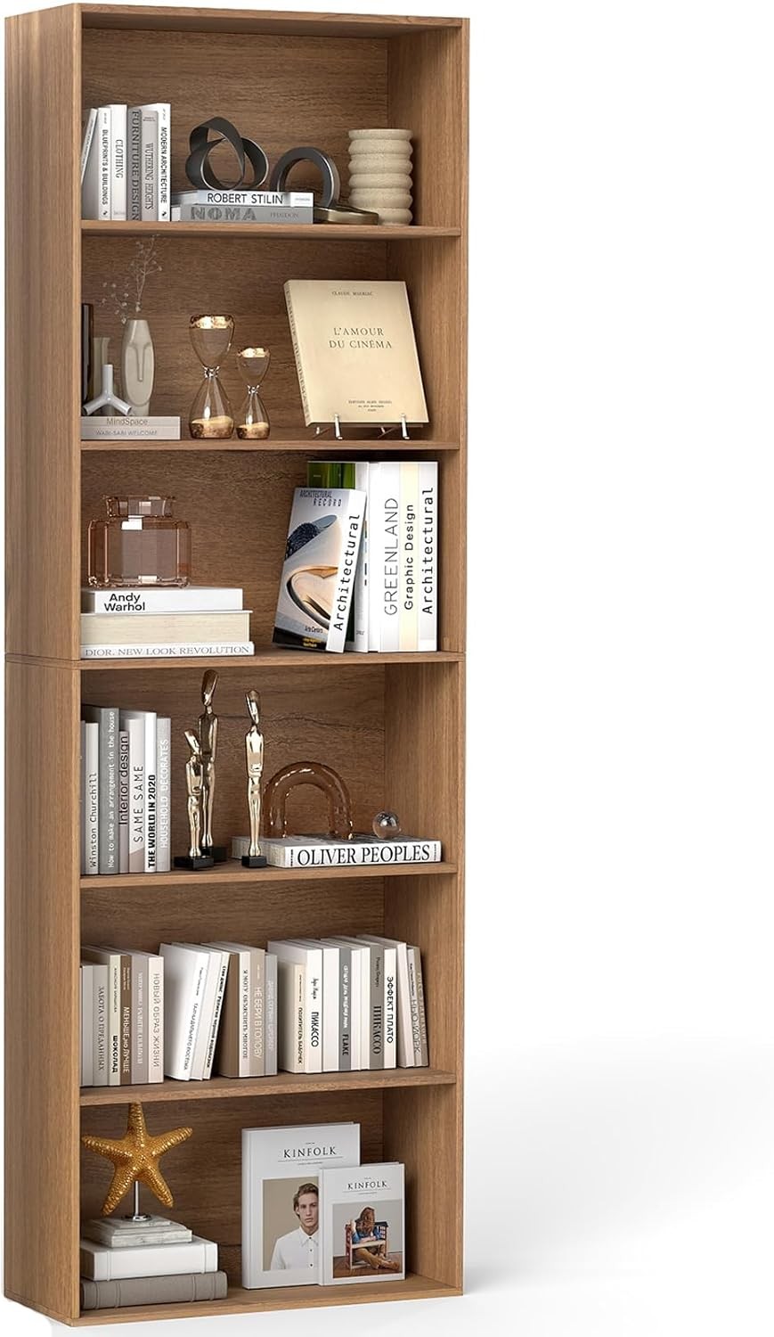 Tall 6-Tier Wooden Bookcase Storage Unit with Doors, Anti-Tip, Narrow Slim Shelf